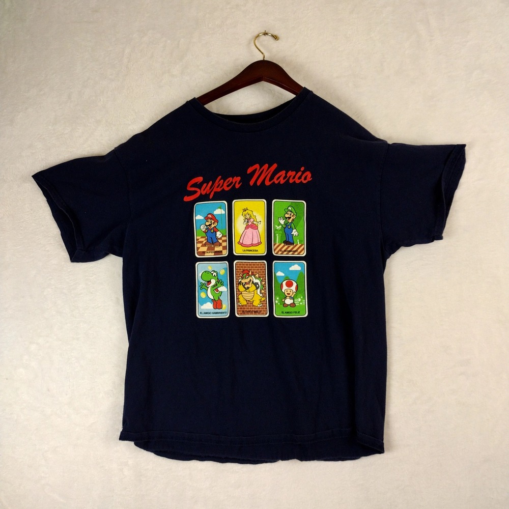 Nintendo Super Mario Loteria Graphic T-Shirt Navy Blue XL Mens Short Sleeve